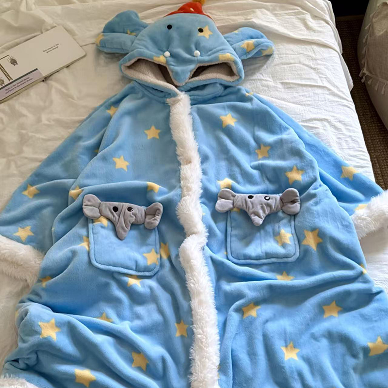 侘町2025年秋冬季新款笨笨大象法兰绒睡袍女卡通可外穿家居服斗篷