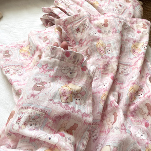 侘町2025睡衣新款长袖纯棉粉色礼物熊双层纱布花边领女家居服套装