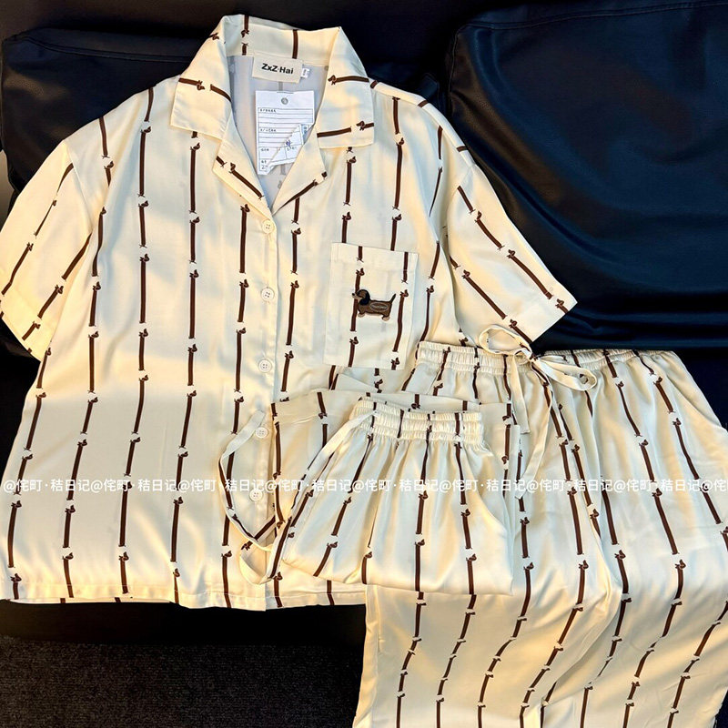 侘町2025年新款腊肠狗刺绣口袋冰丝短袖三件套睡衣夏天卡通家居服