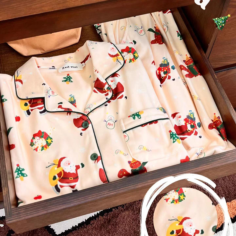 侘町2024年新款圣诞老人猫咪长袖睡衣女春秋季德绒家居服秋冬款