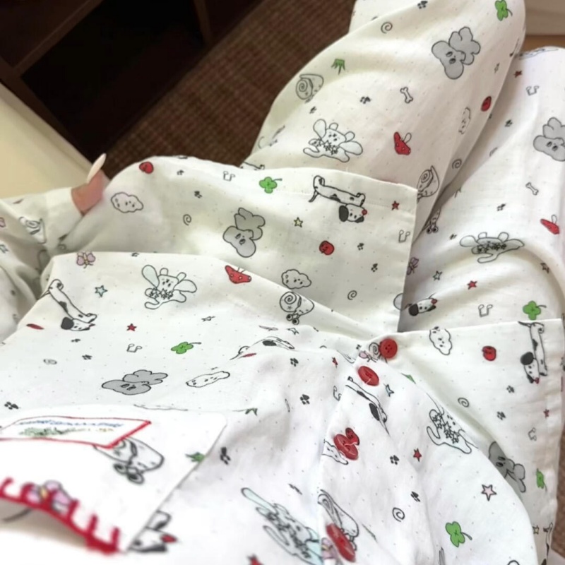 侘町春秋纯棉睡衣女款2025年新款开衫涂鸦线条小狗卡通家居服套装