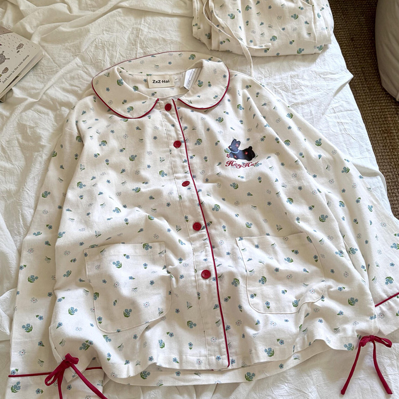 侘町2025新款碎花小灰兔长袖休闲睡衣女纯棉磨毛秋冬季卡通家居服