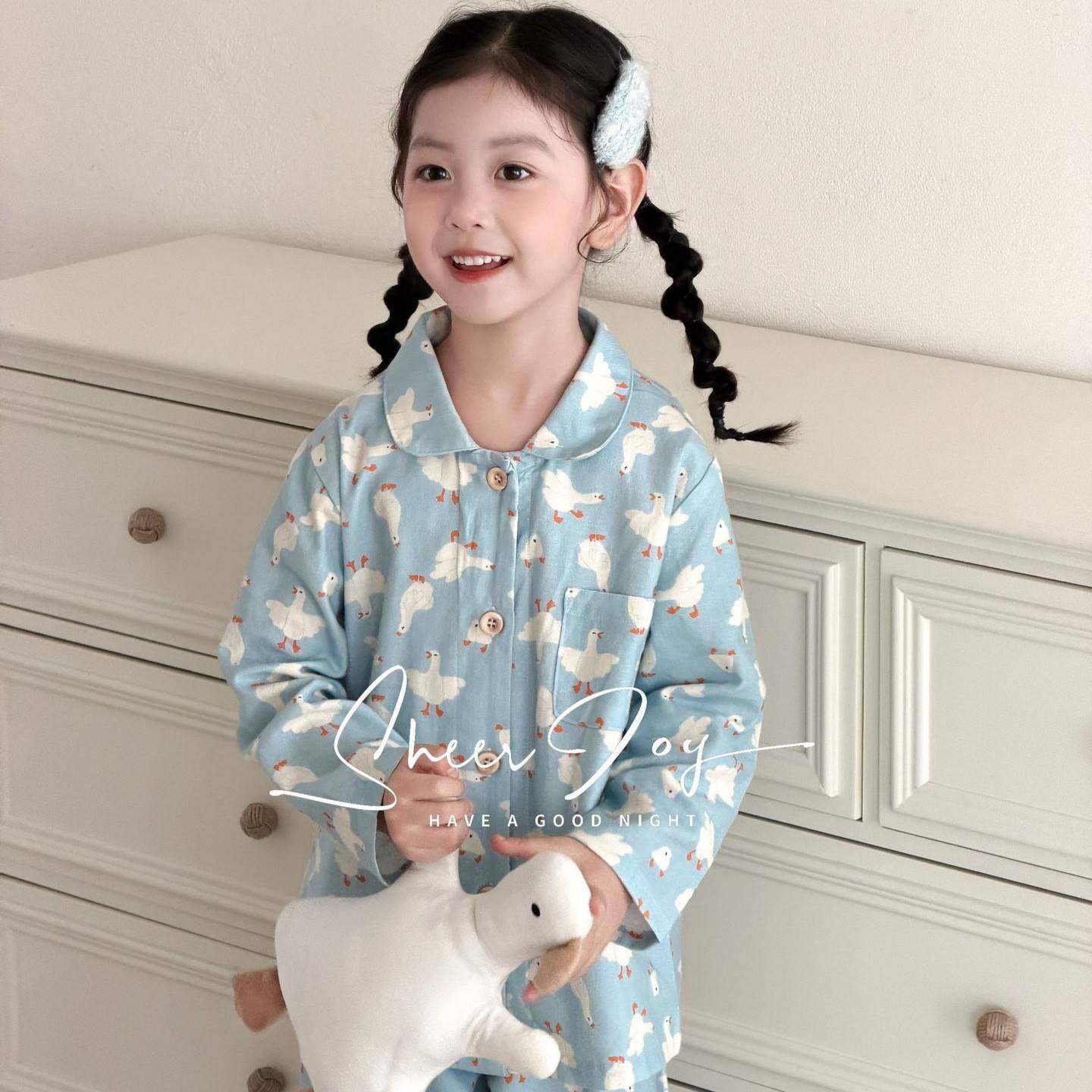 侘町2025秋季新款磨毛柔软亲子款长袖儿童家居服套装蓝大鹅-女童