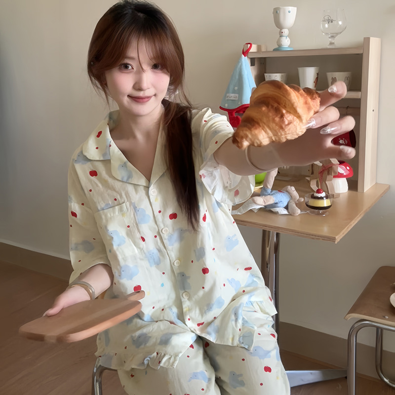 侘町2025新款苹果小飞象纯棉短袖长裤睡衣女夏天卡通家居服套装