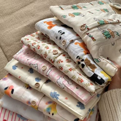 侘町2025新款全棉全棉双层纱布家居服翻领长袖可爱睡衣套装可外穿