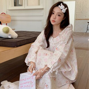 侘町2025年新款纯棉韩版法式安琪拉系列长袖裙女士家居服粉心汪汪