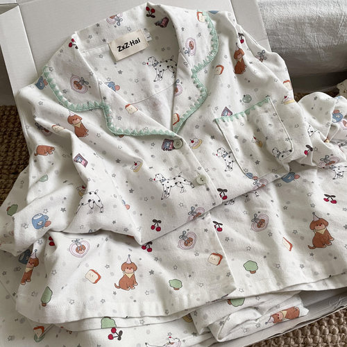 侘町2025睡衣新款薄荷绿斑点狗长袖夏季纯棉磨毛可外穿家居服套装