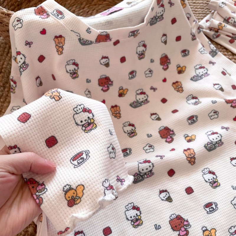 侘町睡衣女款2025新款卡通猫咪华夫格针织2色长袖打底衫春秋套装