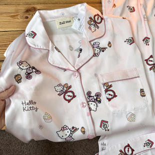 侘町2025年新款 粉色闹钟kitty冰丝短袖 睡衣夏天季 卡通家居服套装