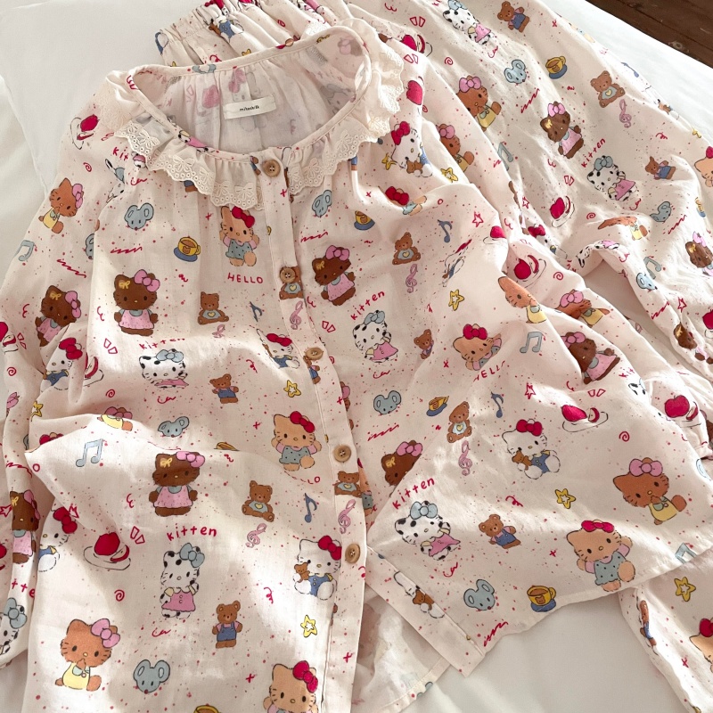 侘町复古凯蒂猫2025新款纯棉可外穿睡衣女秋季卡通长袖家居服套装