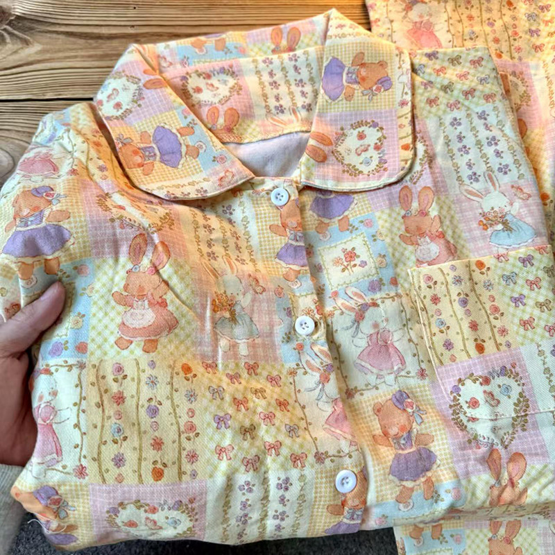 侘町2025年新款复古兔兔纯棉长袖睡衣女春秋季可外穿家居服春款