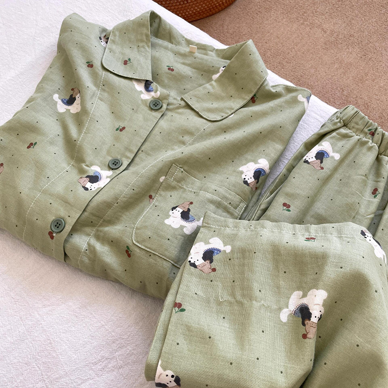 侘町2025年新款奶绿色点点狗狗纯棉长袖睡衣女可外穿卡通家居服