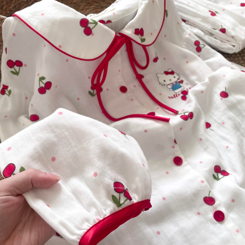 侘町睡衣女2025秋季新款樱桃Kitty长袖卡通纯棉可外穿家居服套装