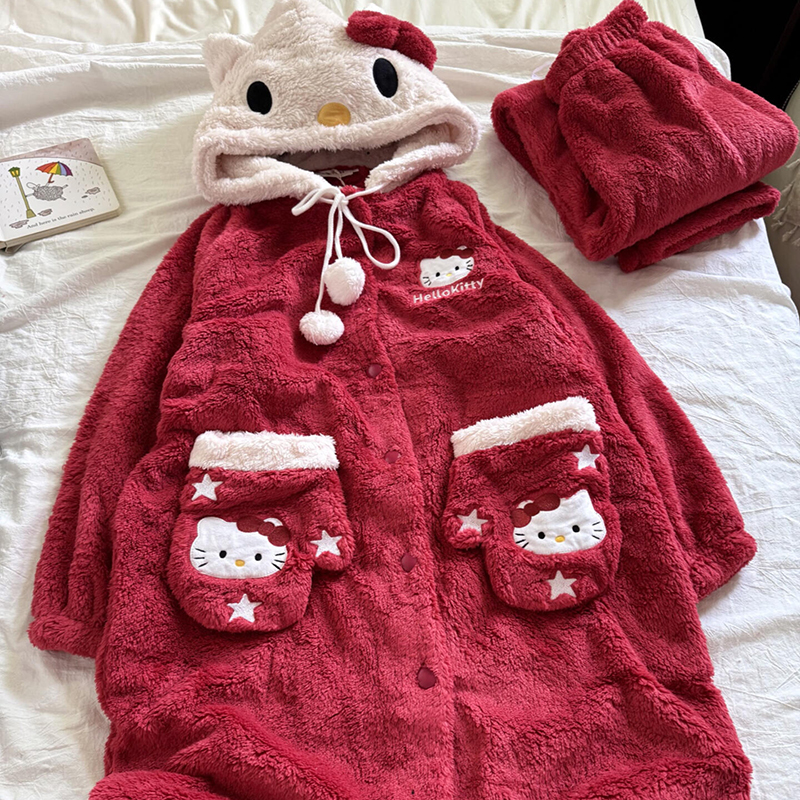 侘町2025年新款冬季圣诞kitty北极绒睡衣女卡通加厚款家居服睡袍