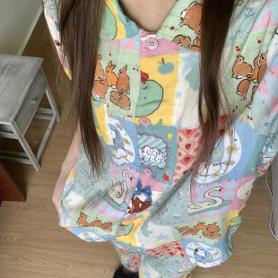 卡通外穿家居服套装 侘町2025新款 睡衣女夏季 故事格子纯棉短袖 长裤