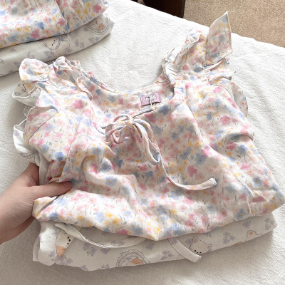 侘町2025新款莫奈花园夏季荷叶边背心短裤睡衣套装纯棉双纱家居服