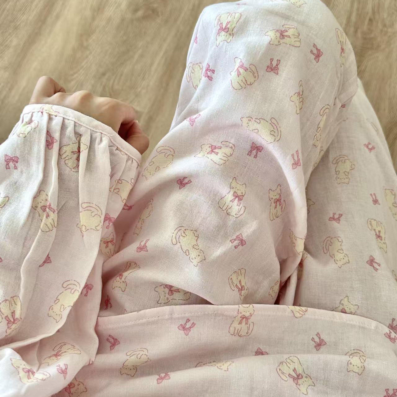 侘町2025睡衣新款浅粉碎花蝴蝶结纯棉双纱系带款长袖长裤甜美套装,女士内衣/男士内衣/家居服,睡衣/家居服套装,淘宝优惠券,粉丝福利购,淘宝优惠卷