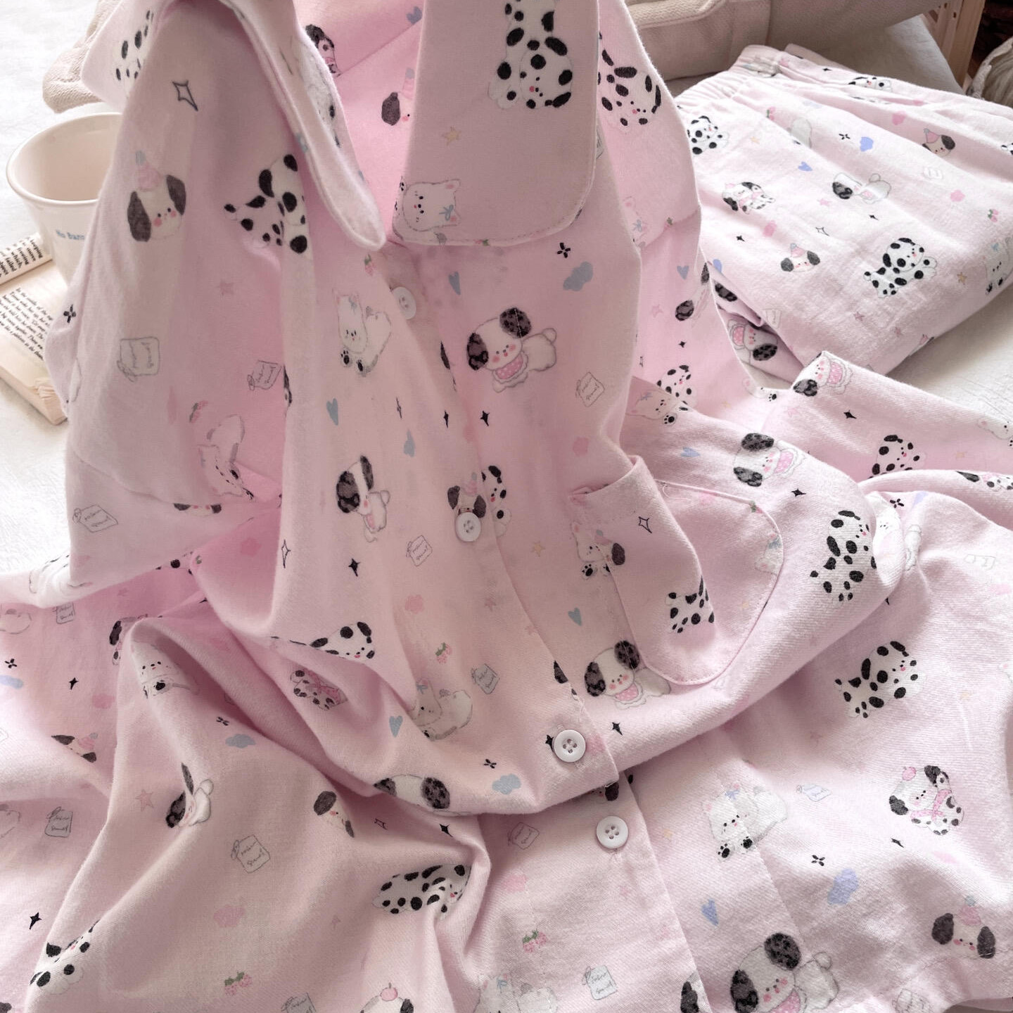 侘町2025居家睡衣新款粉糯米狗狗短袖长裤纯棉双层纱可爱卡通套装