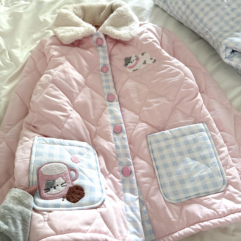 侘町2025年冬季新款三层夹棉咖啡猫咪睡衣女保暖加厚可外穿家居服