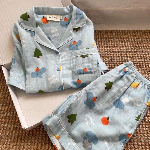 侘町2025年新款GOOD大象短袖睡衣女夏天纯棉卡通可外穿家居服套装