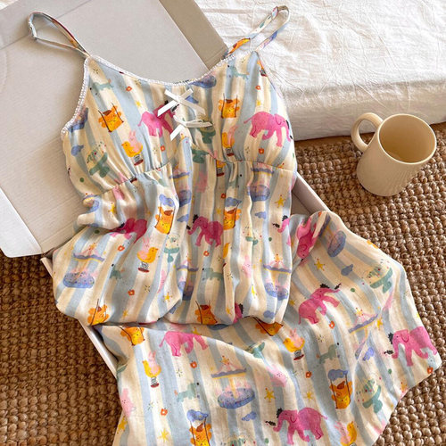 侘町2025新款游乐园大象吊带睡裙夏季带胸垫睡衣可外穿家居服套装