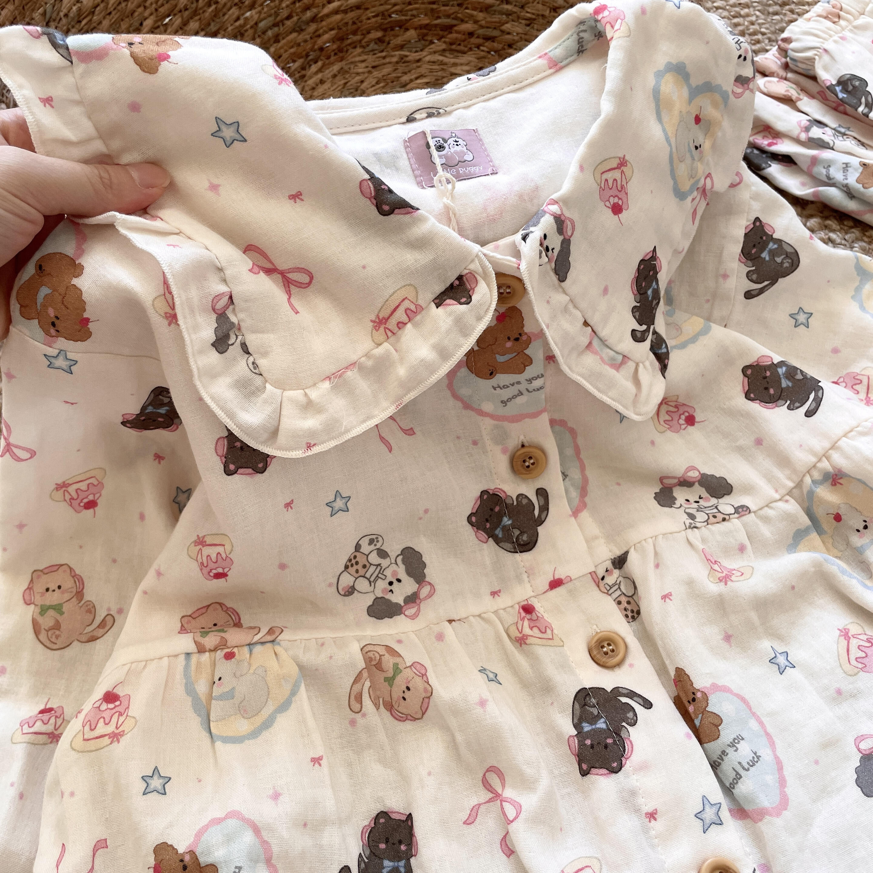 侘町2025春秋季新款纯棉卡通奶茶小狗宽松透气长袖长裤女睡衣套装