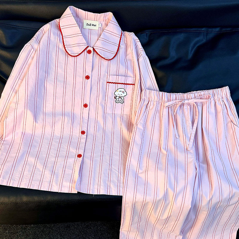 侘町2025年新款粉条纹咩咩羊长袖睡衣女可外穿卡通春秋季家居服