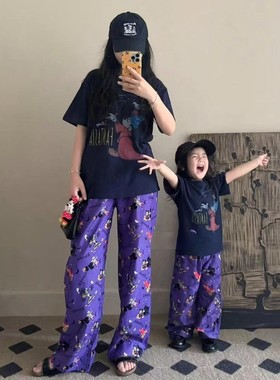侘町2025新款紫色米奇100%棉卡通双层纱布亲子睡裤可外穿居家神裤