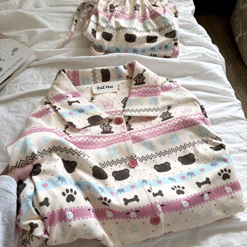 侘町2025新款草莓奶昔费尔岛长袖睡衣秋冬季德绒可外穿家居服套装