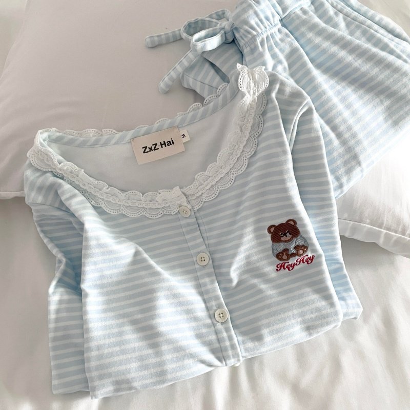 侘町睡衣女款2025年新款休闲治愈蓝星星熊德绒加厚秋冬套装家居服