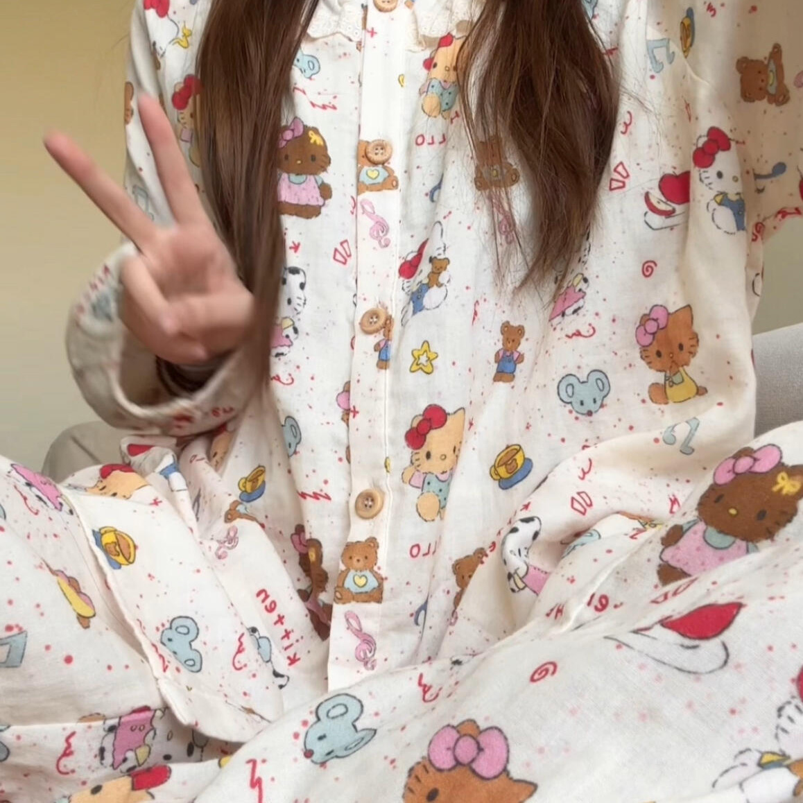 侘町2025家居服新款复古凯蒂猫纯棉双层婴儿纱布睡衣秋季长袖套装