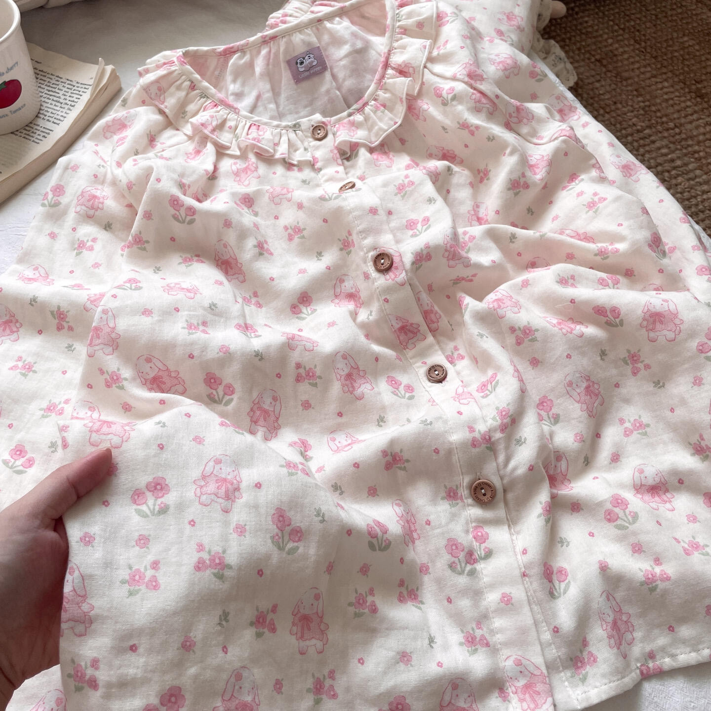 侘町2025居家睡衣新款垂耳兔花园纯棉双纱布卡通小熊长袖长裤套装