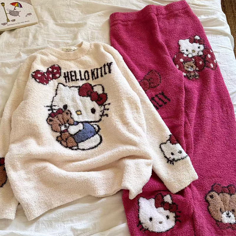 侘町2025新款蝴蝶结Kitty半边绒睡衣秋冬保暖加绒加厚冬季家居服