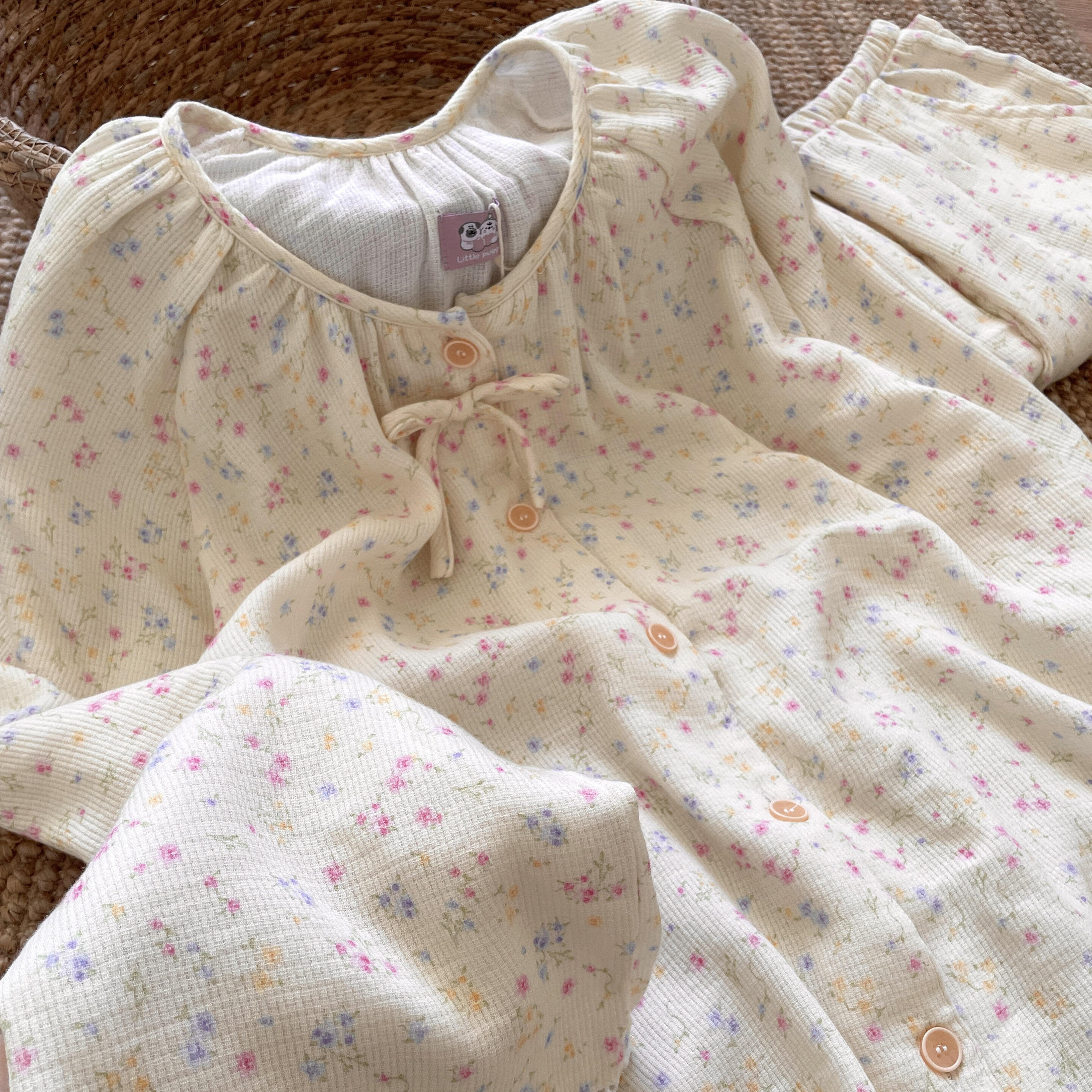 侘町2025韩系碎花服新款螺纹提花双层纱高品质宽松慵懒风纯棉套装