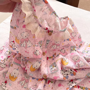 侘町2025家居服新款粉色斑点狗睡衣卡通休闲长袖纯棉双层秋季套装