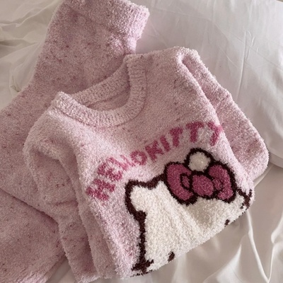 侘町粉色大头Kitty2025秋冬新款半边绒睡衣女套装保暖加绒家居服