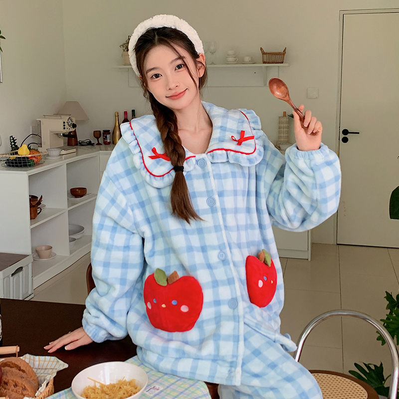 侘町2024年款蓝色苹果格子法兰绒睡衣女秋冬款加绒加厚家居服冬季