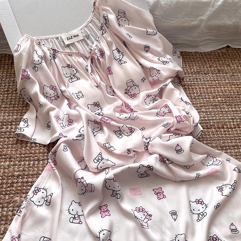 侘町2025新款蝴蝶结kitty冰丝短袖带胸垫睡裙女夏外穿家居服套装