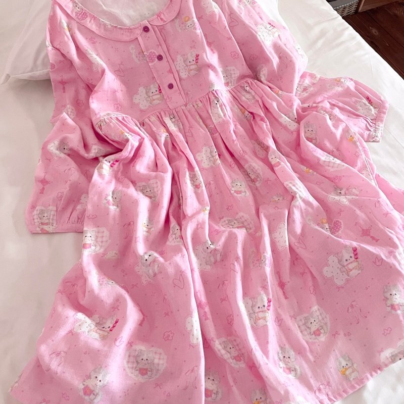侘町可爱猫咪2025新款春秋纯棉双层纱布娃娃衫睡裙女居家连衣裙