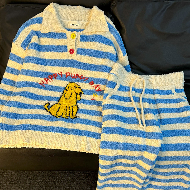 侘町2024年新款蓝白条纹puppy半边绒睡衣女秋冬款保暖加厚家居服,女士内衣/男士内衣/家居服,睡衣/家居服套装,淘宝优惠券,粉丝福利购,淘宝优惠卷