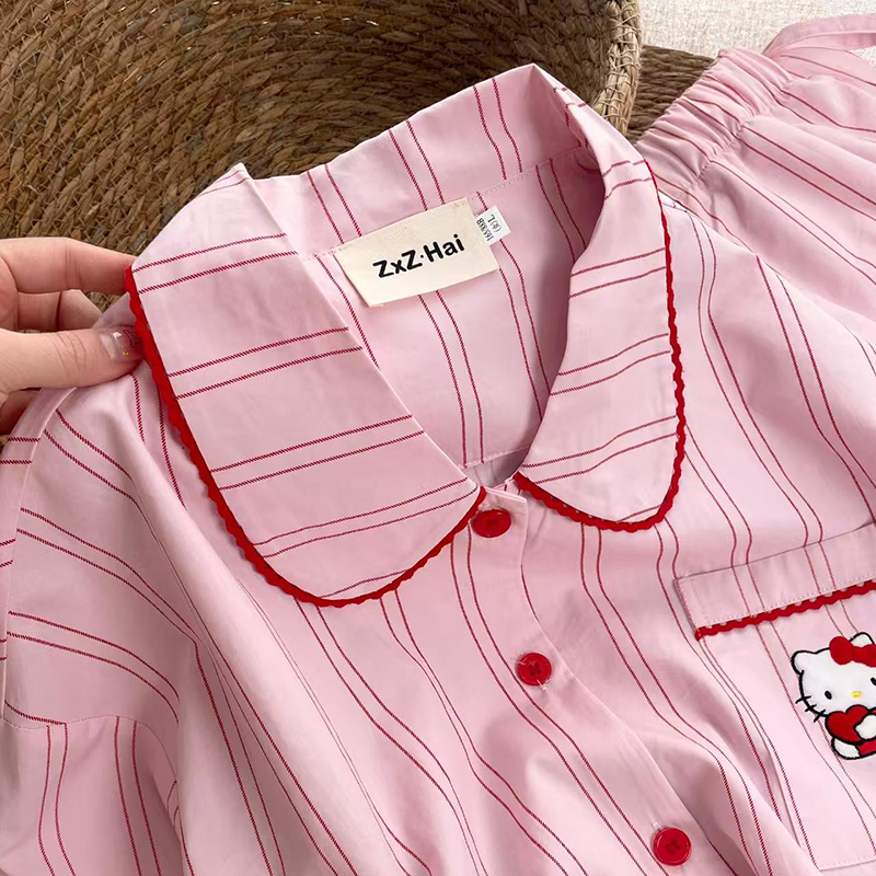 侘町2025年新款粉色条纹kitty长袖睡衣女可外穿卡通春秋季家居服