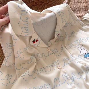 卡通女睡衣套装 长袖 家居服新款 侘町淡蓝色米菲表情冰丝2025年夏季