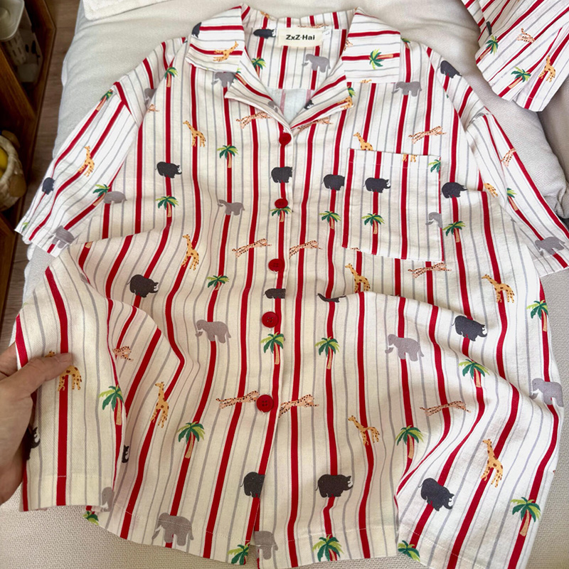 侘町2025年新款动物大世界短袖睡衣纯棉双纱夏季女卡通家居服套装
