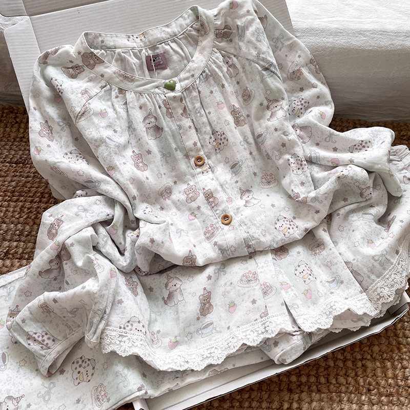 侘町2025新款薄荷斑点狗纯棉双层纱居家睡衣可外穿卡通家居服套装