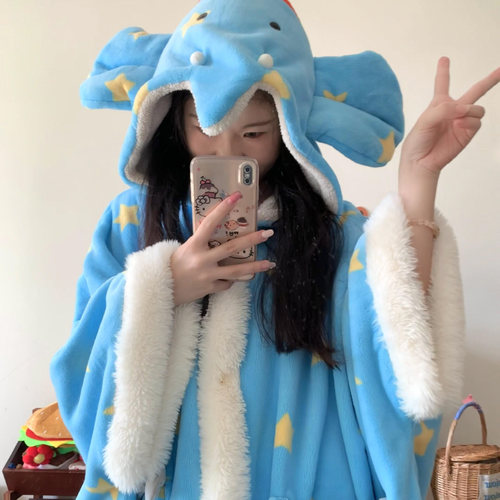 侘町2025年新款笨笨大象法兰绒睡袍女卡通可外穿秋冬季家居服斗篷