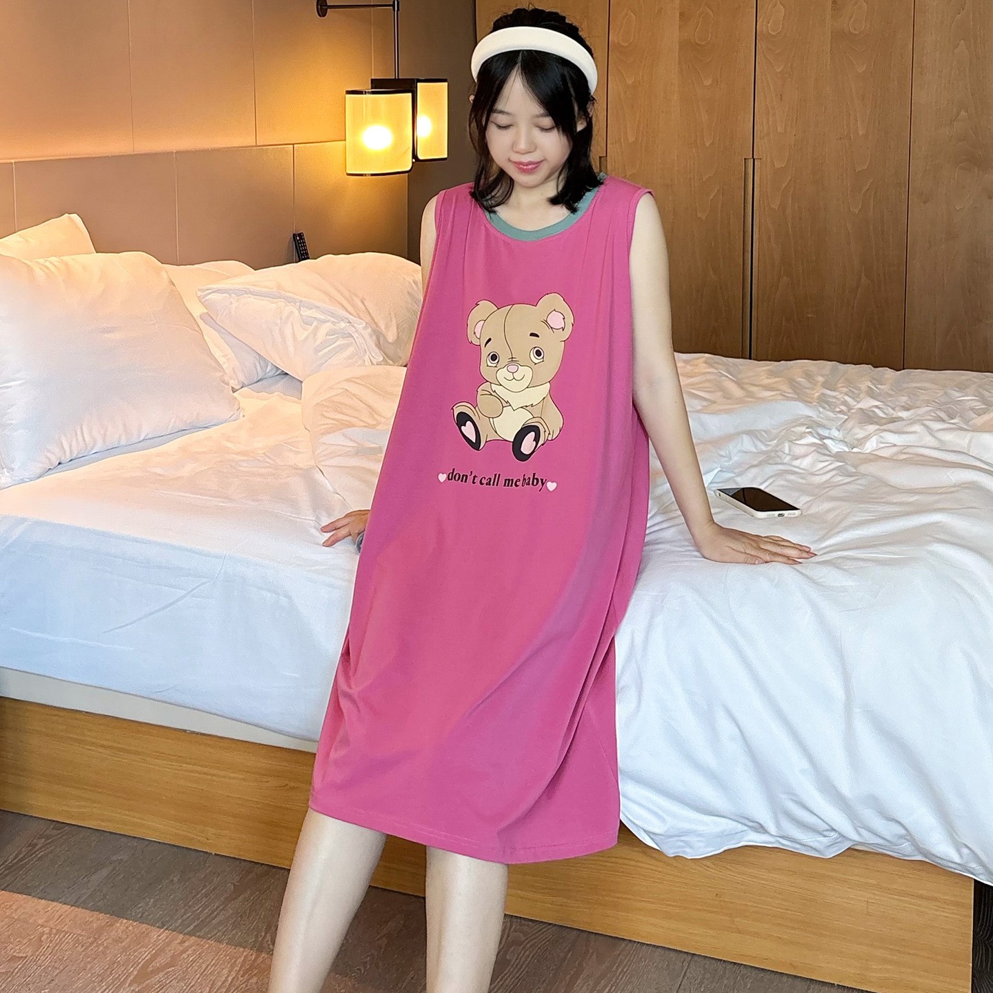 侘町2025新款小狮子卡通纯棉背心睡裙女夏季中长款宽松睡衣家居服