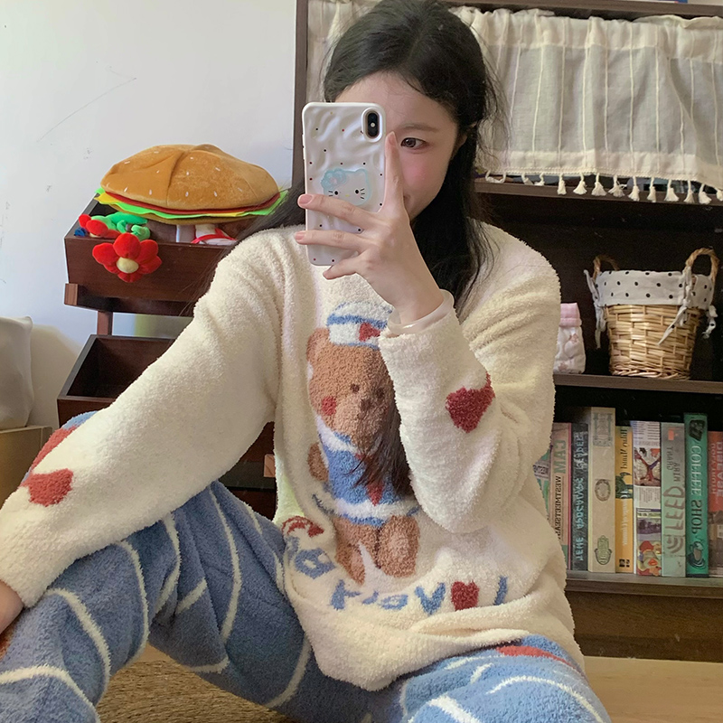 侘町2025新款海军风条纹小熊秋冬半边绒睡衣女保暖加绒可外穿套装