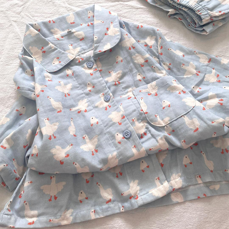 侘町2025年新款纯棉baby蓝大白鹅睡衣短袖短裤居家服可外穿套装夏