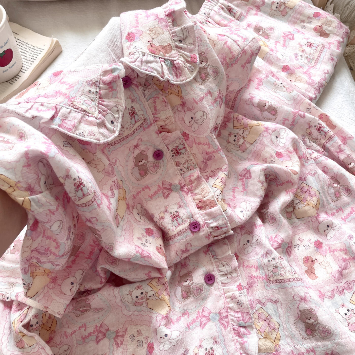 侘町2025家居服新款粉色礼物熊纯棉双层纱布花边领睡衣女长袖套装