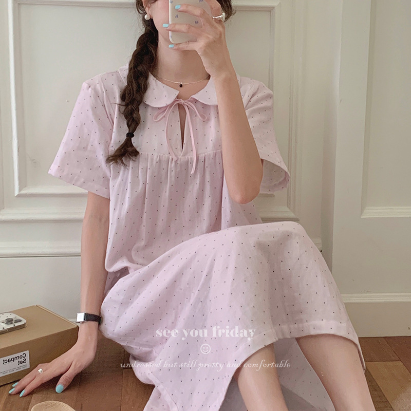 侘町2025年新款棉纱绑带波点短袖领睡裙夏季甜美少女娃娃睡裙双层